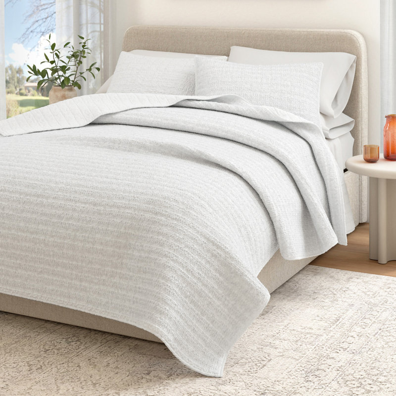 Ensemble de courtepointe et couvre-oreiller 100% coton délavé en nid d'abeille gaufré, Blanc