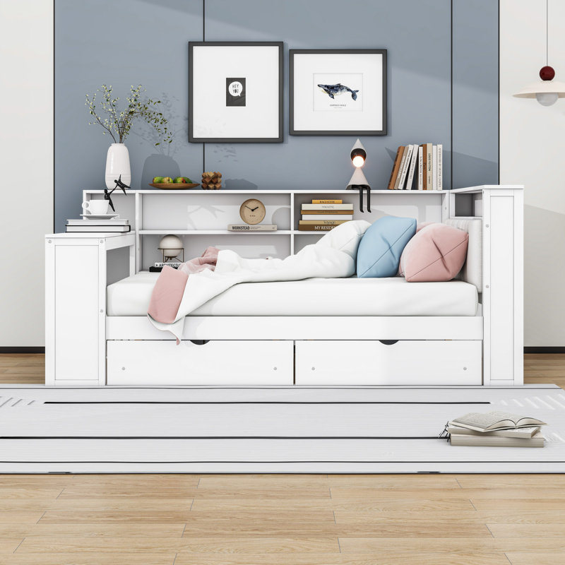 Wood Daybed with Shelves, Drawers, Charging Station, LED and Desk, Full/Double, White 