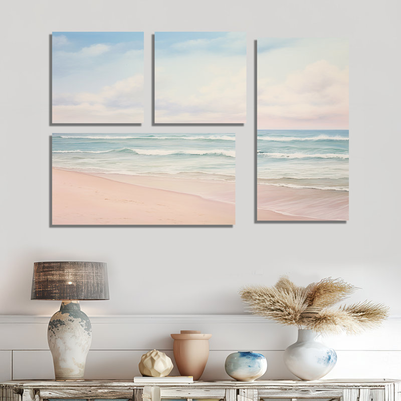 «Ocean Tranquility Tender Pink Pastel Sunrise - Large Coastal Beach», art mural 4 pièces, Toile tendue, Ne s’applique pas