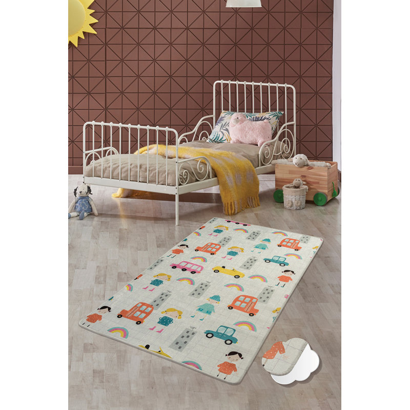 Tapis beige / orange / bleu en polyester tissé à plat à la main Maone, Rectangle 4 pi 11 po x 7 pi 10 po