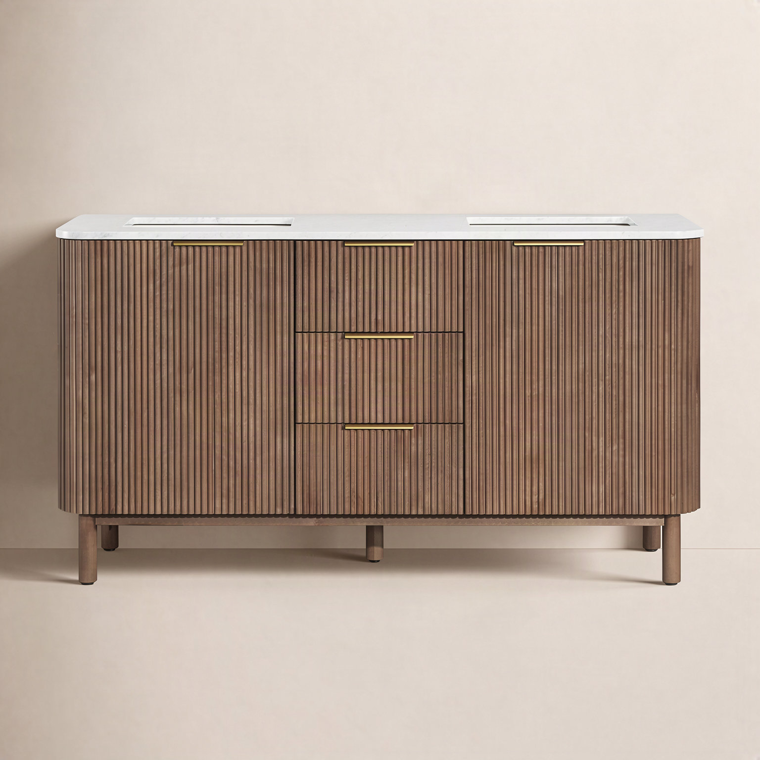 Nova 60" Carrara Marble Double Bathroom Vanity, Brown Reeded
