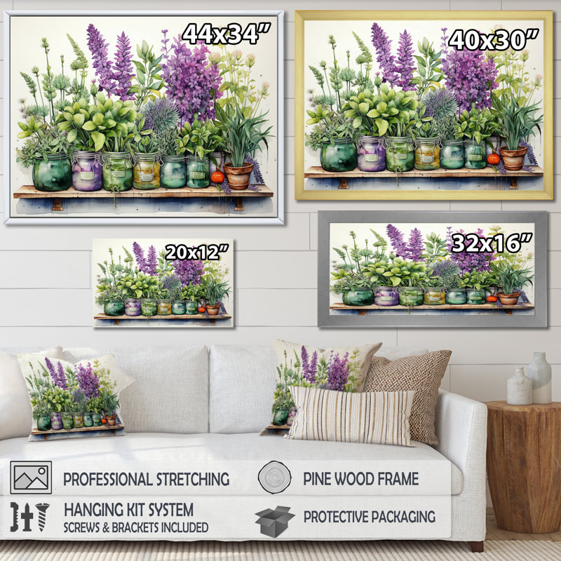 Décoration murale Herbes mauves, herbes vertes et herbes, H 12 po x l 20 po x P 1 po, Cadre flottant doré