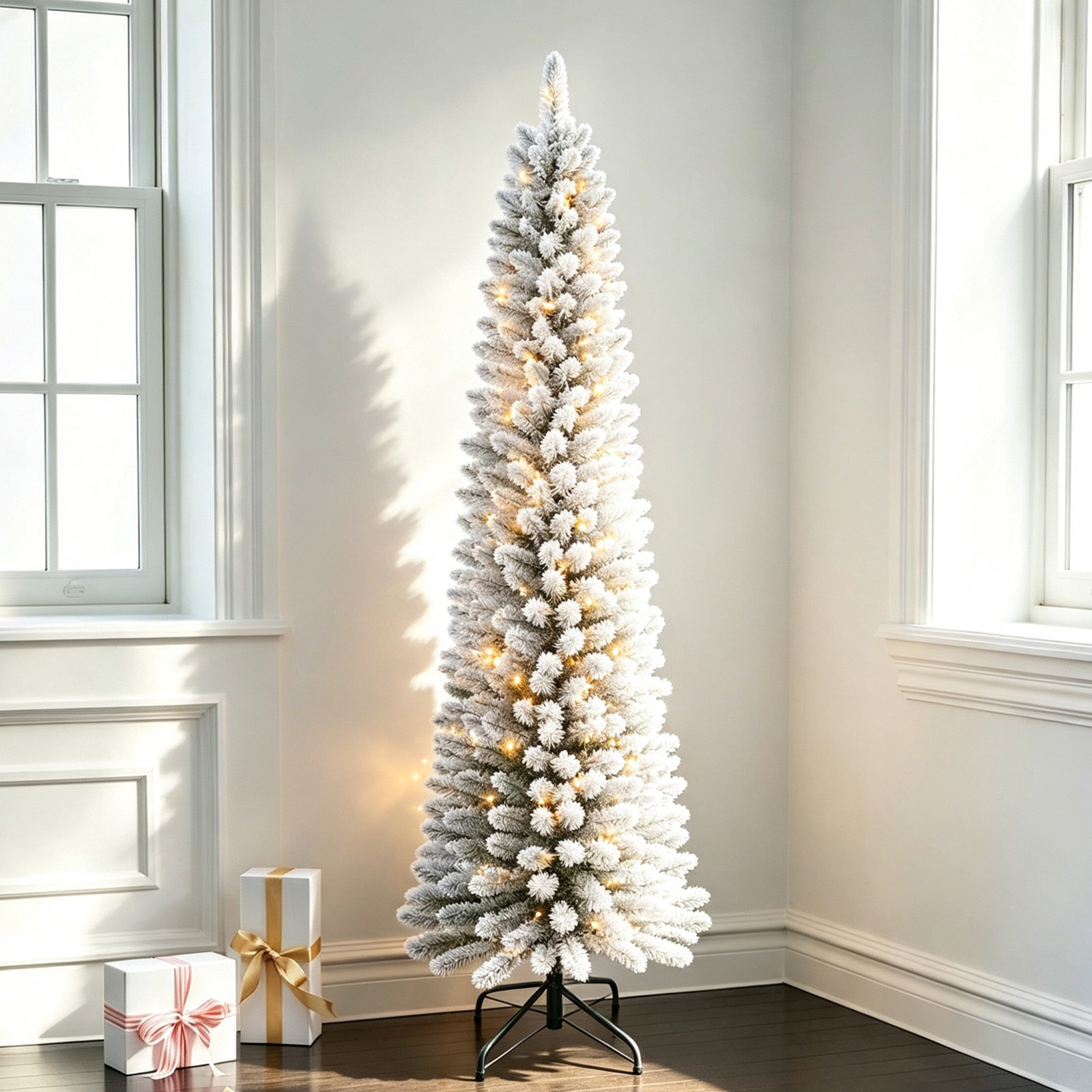 Pre-Lit Flocked Slim Christmas Tree, 6.5' H