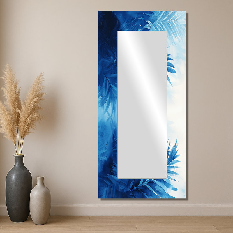 Palms in Velvet Blue Harmony I - Miroir palmiers et palmiers pour décoration murale - imprimé sur métal, 28 po x 60 po