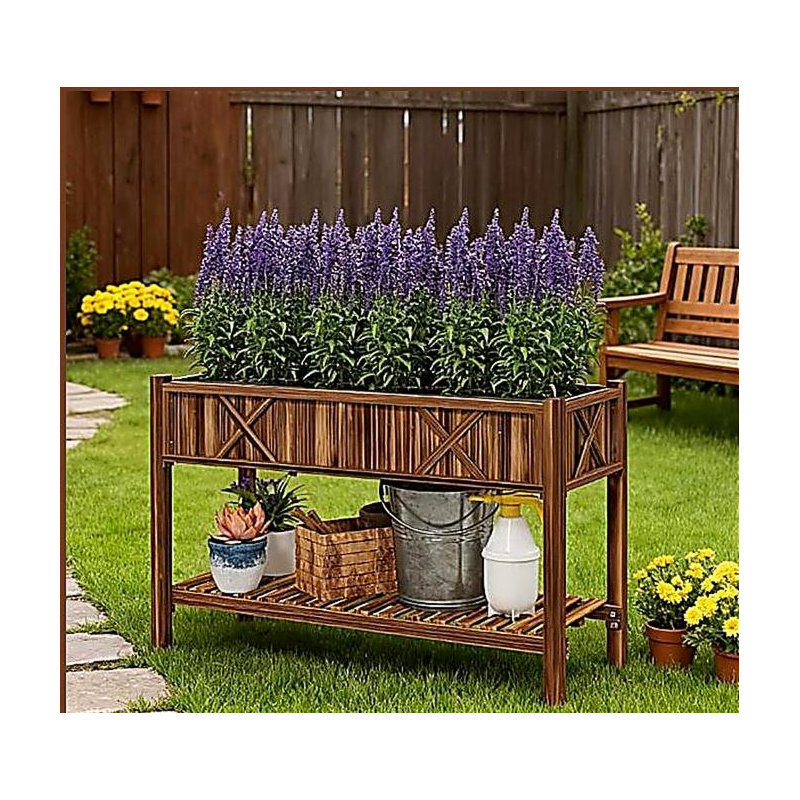Dual-Tier Raised Garden Bed,Elevated Wood Planter Box,with Storage Shelf,Drainage Holes,and Liner, Brown