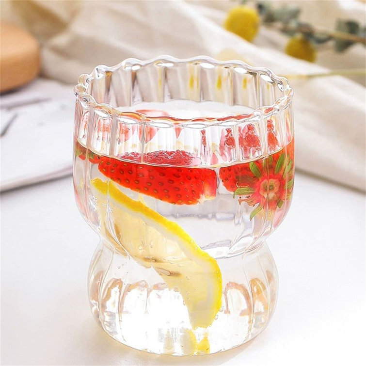 Ribbed Glass Cups 2 Pcs 10 oz Origami Style Glass Cups with 2 Ice Ball Molds Vertical Stripes Creative Drinking Glasses Set Wrought Studio