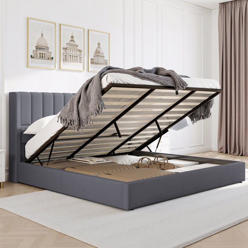 Cadre de lit avec rangement Lift Up / tête de lit capitonnée verticale, Très grand, Gris foncé