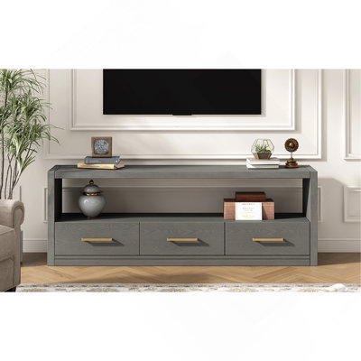 Meuble télé élégant avec rangement spacieux, design classique avec trois tiroirs et une surface spacieuse, poignées en métal minimalistes, polyvalent comme console de télévision ou armoire d'appoint