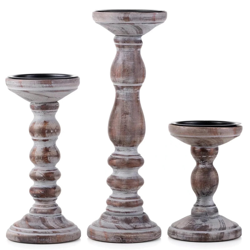 Farmhouse Wooden Pillar Candle Holders
