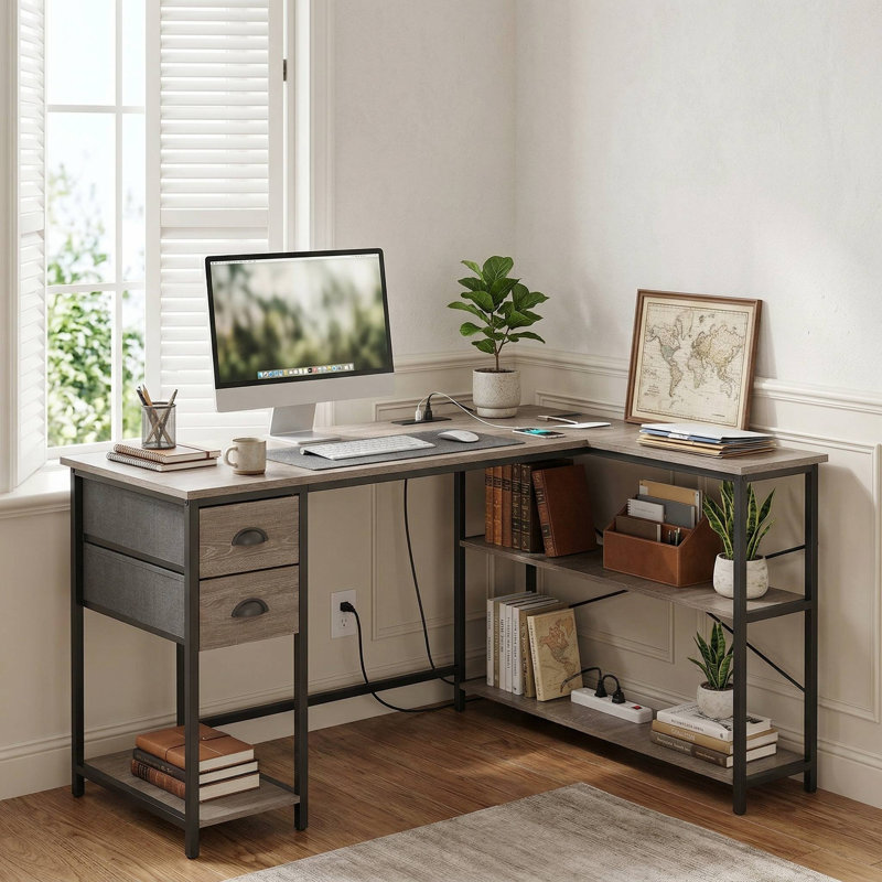 Modern Space-Saving L-Shaped Corner Computer Workstation Desk With Integrated Power & USB Charging Station & 2 Removable Soft Fabric Drawers, Multi-Purpose Sturdy Writing Gaming Desk For Home Office Study Dorm Small Apartment Co-Working Spaces