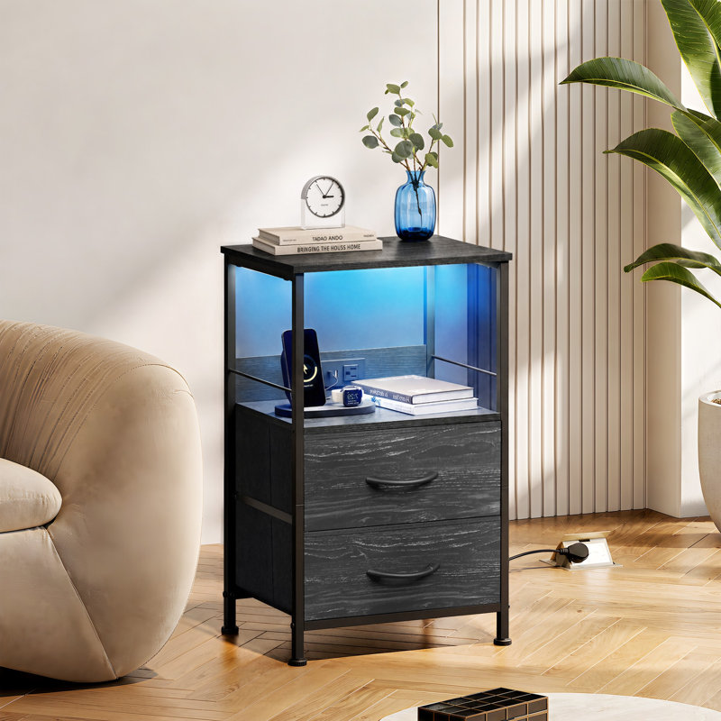 Gwytha Farmhouse Nightstands with Charging Station and LED Lights, Bedside Tables With 2 Drawers and Open Shelf, USB Ports And Outlets