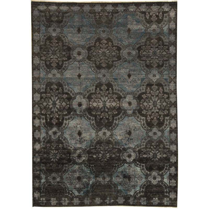 Tapis bleu et noir noué à la main de haute qualité