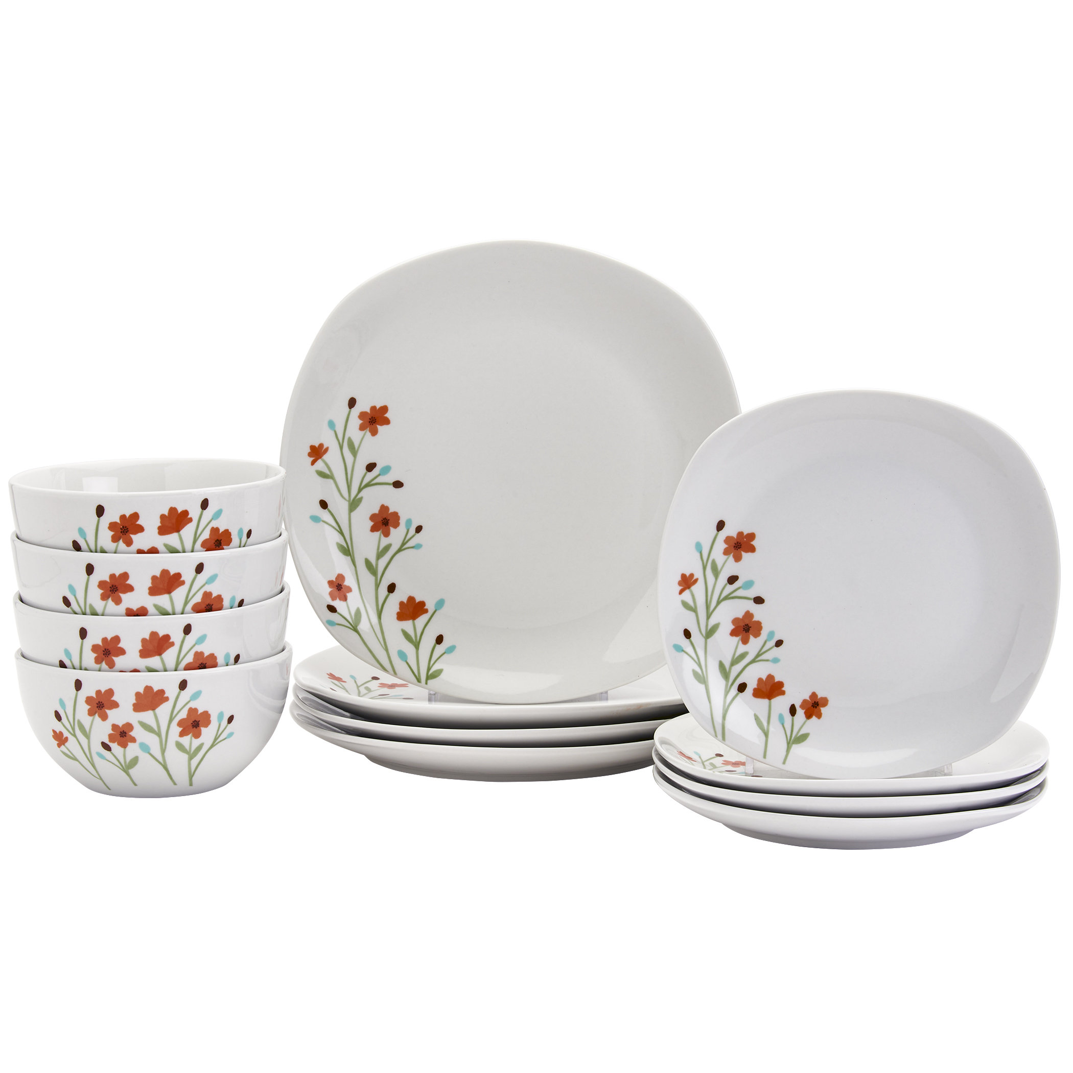 Tabletops Gallery Caroline 12 Piece Floral White Porcelain Dinnerware