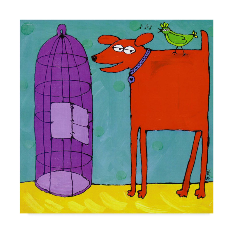 «Red Dog and Bird», reproduction de peinture à l'acrylique sur toile tendue, H 24 po x l 24 po x P 2 po