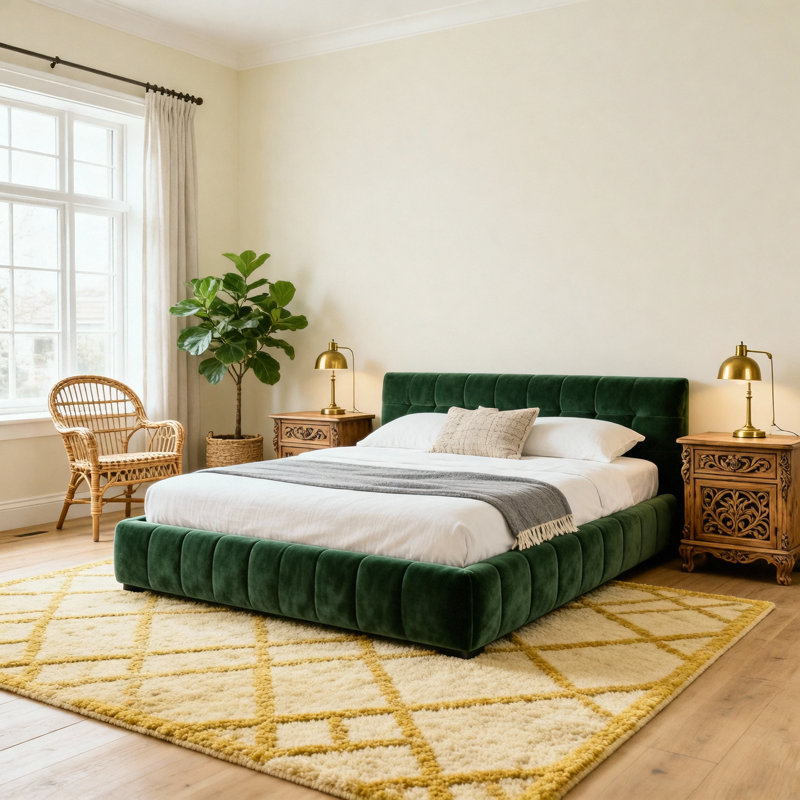 Structure de lit tapissier très grand californien avec tissu épais, lit plateforme grand format en chenille avec tête de lit et structure solide. Aucun sommier tapissier requis - bleu vert - (90,5 po x 80,5 po x 31 po)