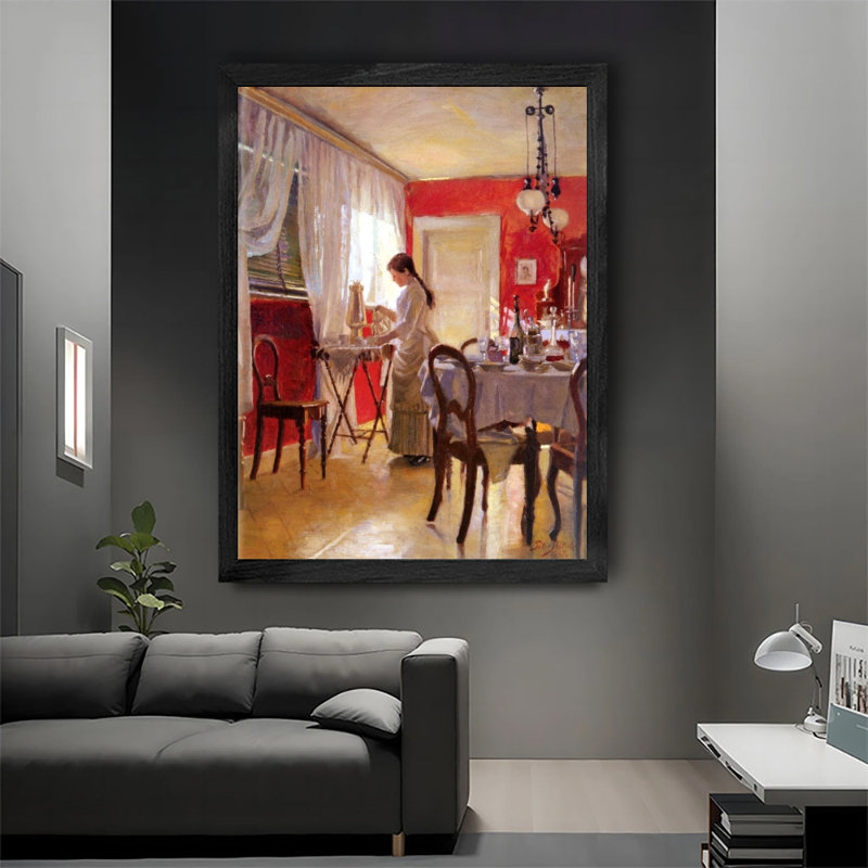 Art moderne encadré noir moderne, femme assise à la table, peinture murale avec cadre en bois noir durable pour la décoration intérieure