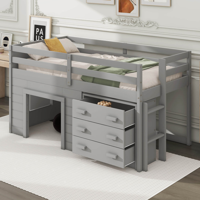 Lit mezzanine simple bas avec tiroirs de rangement, gris