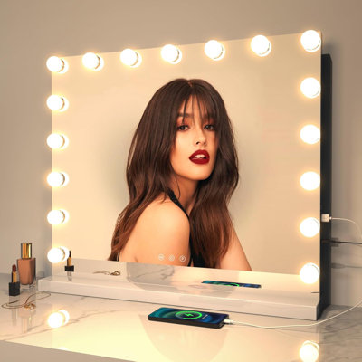 Miroir de maquillage à DEL pour salle de bain avec lumières - grand miroir de table avec grossissement 10 fois, éclairage à intensité variable à commande tactile, port de charge USB, support amovible pour fixation murale