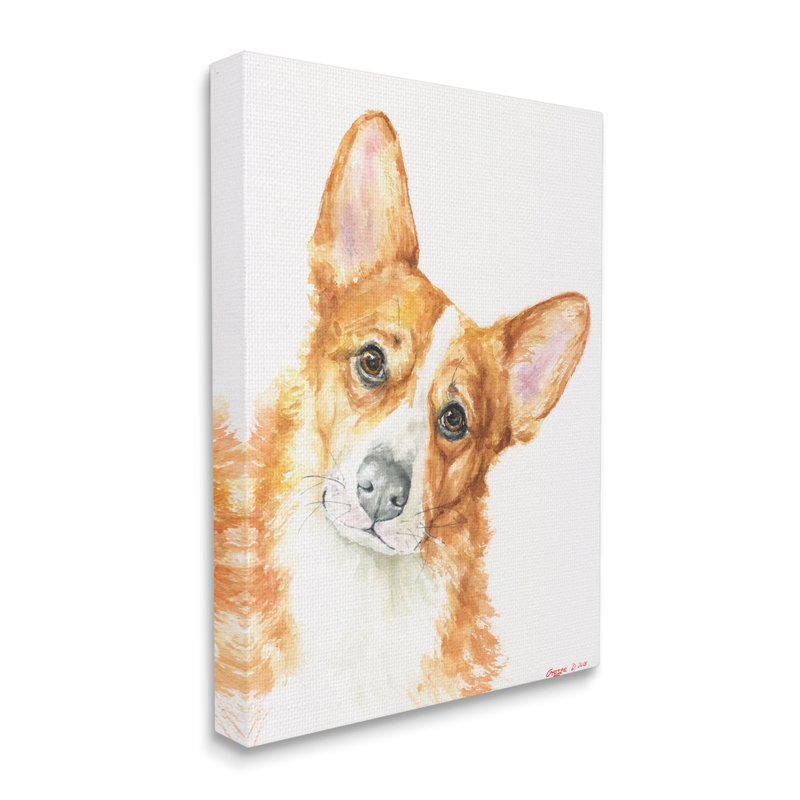 «Curious Corgi Dog Portrait» par George Dyachenko - peinture sur toile, H 48 po x l 36 po, Toile tendue