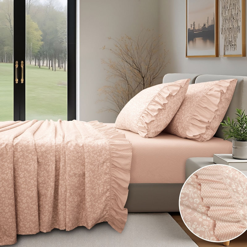 Printed Floral and Polka-Dot Ruffle Sheet Set, Queen, Blush