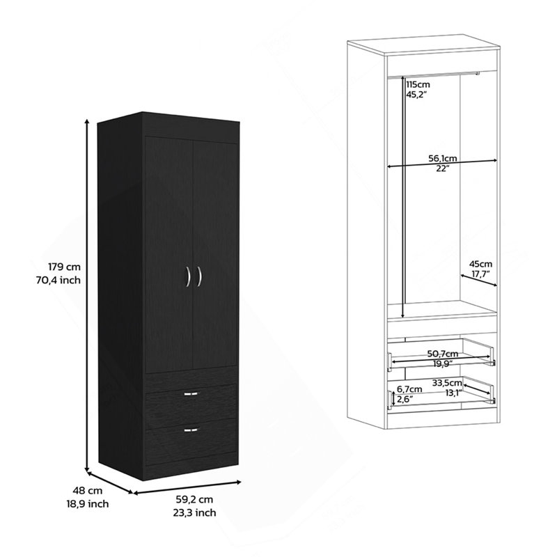 Armoire Tarento, deux tiroirs, finition wengé noir, Noir