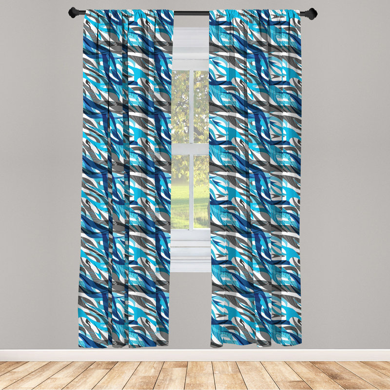 Abstract Curtains, Surreal Expressionism Inspired Image Modern Art Stripes Swirls Waves Trippy, Window Treatments Panel for Living Room Bedroom Decor, Grey Blue White Semi-Sheer Rod Pocket Sliding Panel