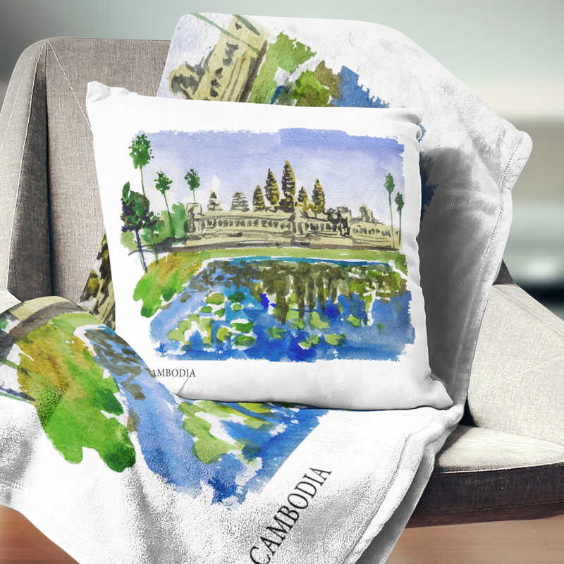 Coussin décoratif d’illustration du cambodge cityscape, 16 po x 1 po, Coussin décoratif