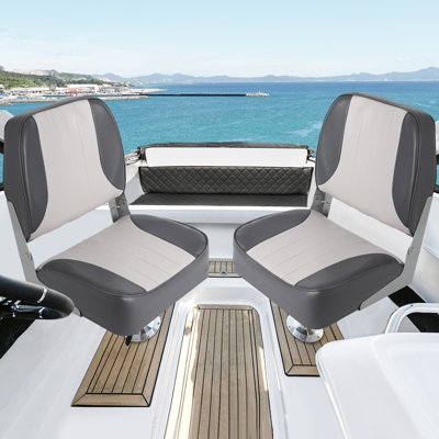 2 Pack Low-Back Light Gray and Gray Color Blocking Folding Boat Seats Thickened Sponge Padded Captain Chairs with Molded Plastic Frame Weather-Resistant for Fishing Boats Cruises