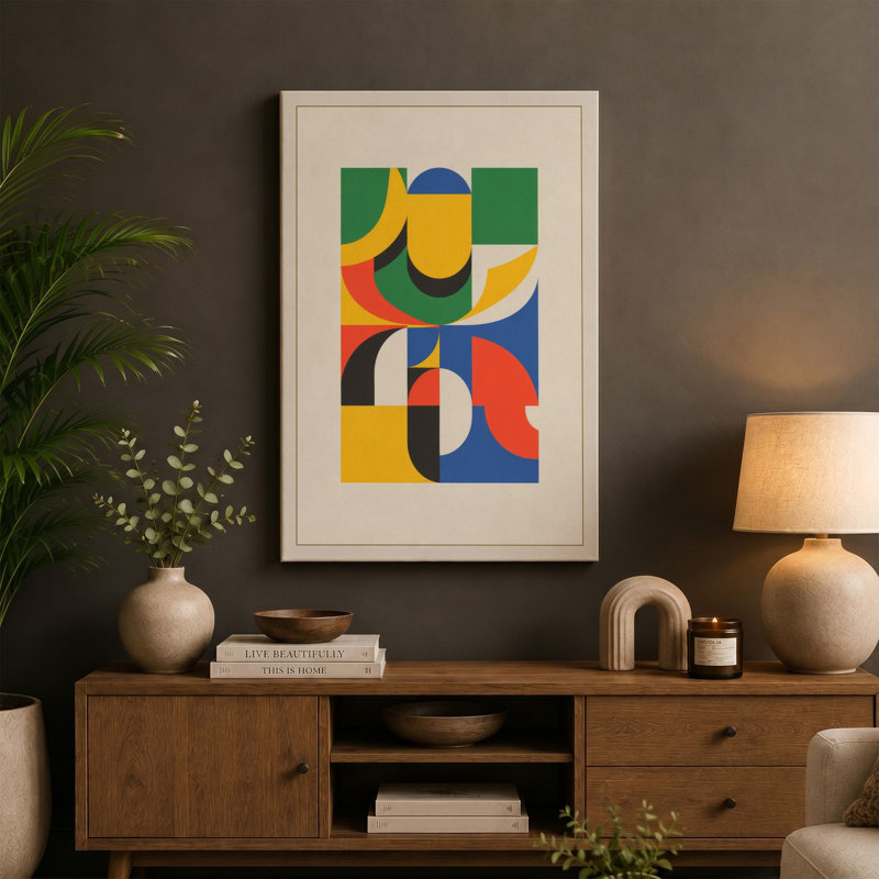 Geometric Harmony Art Deco 1 Piece Wrapped Canvas Wall Art, 30x20 - 76.2 x 50.8 cm, White Border