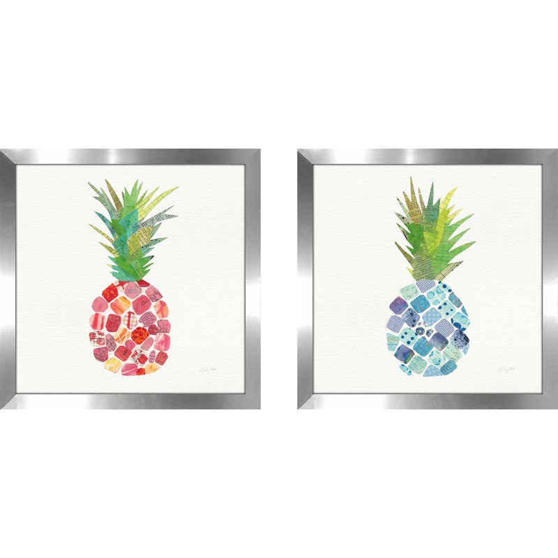 «Tropical Fun Pineapple I», ensemble de 2 reproductions d'art sur papier encadrées, H 16,5 po x l 33 po, Pas de tapis