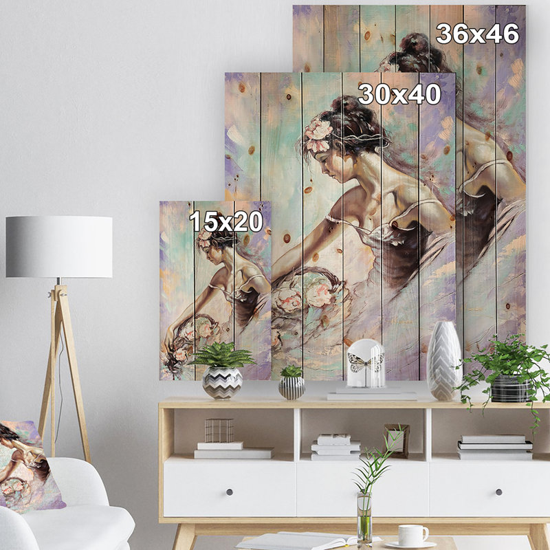 «Girl with Flower Bouquet», peinture, H 40 po x l 30 po x P 1,5 po, Bois