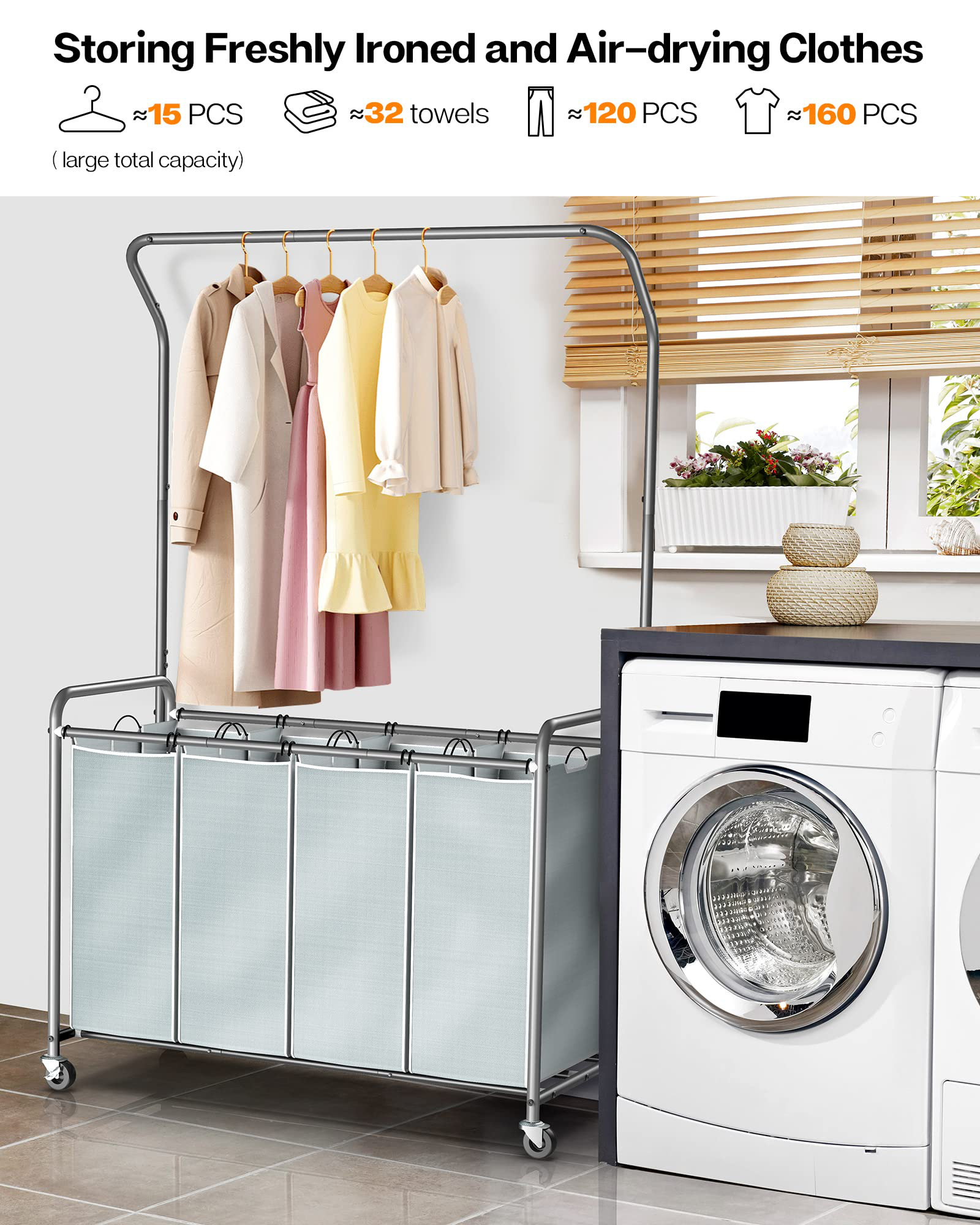 BTERAZ Laundry Sorter With Hanging Bar, 4 Section Laundry Hamper With