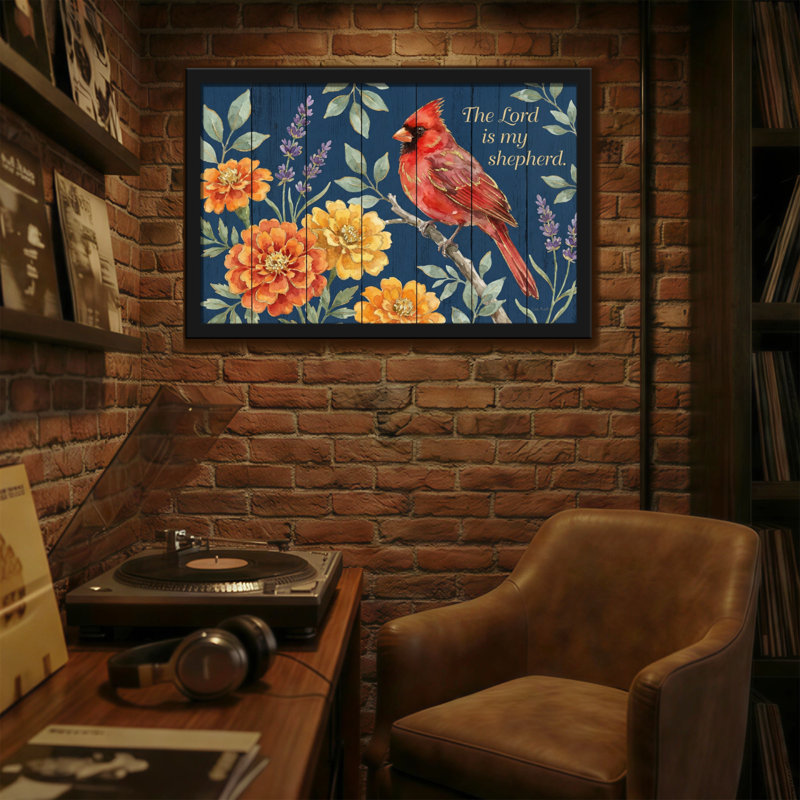 Text & Numbers Cardinal Bird Floral Pattern On Wood, 20" H x 30" W