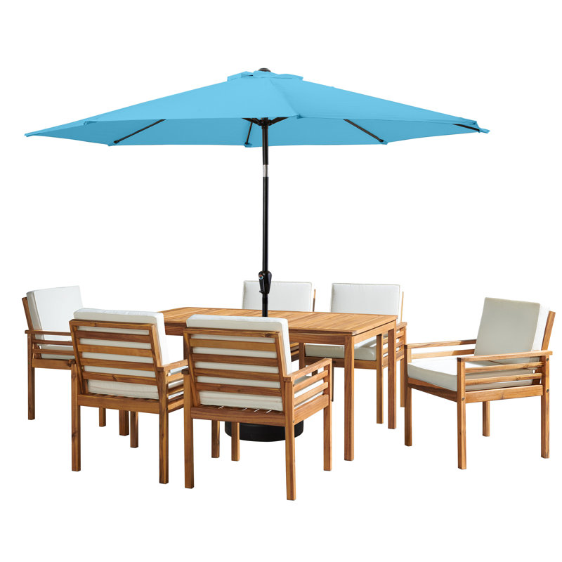 Arjay 8 Pc Patio Dining Set Wood One 63" Table Chairs With Cushions And 1 10-Foot Tilt Umbrella, Light Blue, 6
