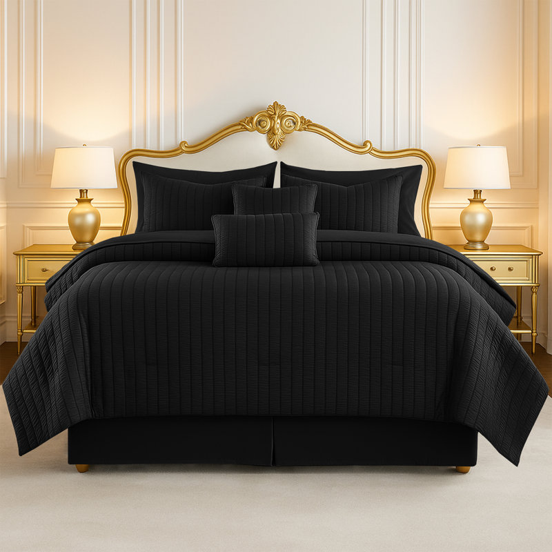 10 Pcs MF Comforter Set Bed in a Bag for All Seasons Seersucker Lightweight Comforter Set with Sheets, Black