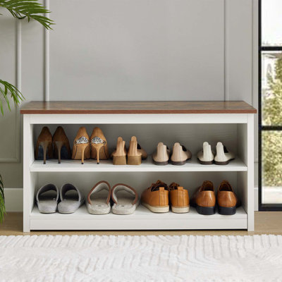  2-Tier Wooden Shoe Bench, 9 Pair Storage Entryway Organizer With Seat