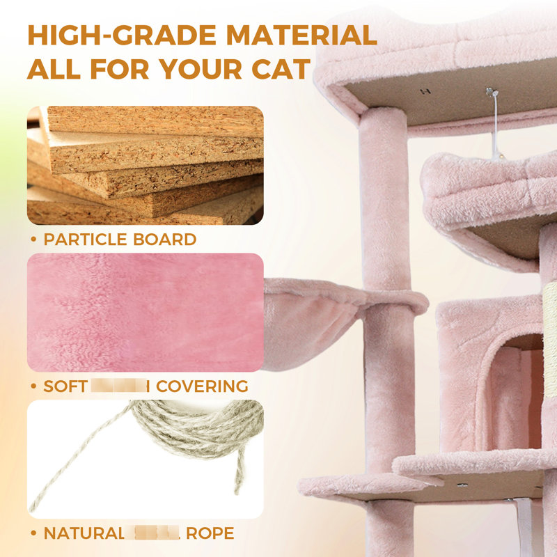 Rose, 68 pouces, haut, multi-niveaux, arbre à chat, aire de jeux à 6 niveaux, coussins amovibles confortables, poteaux à griffes enveloppés, aires de sieste relaxantes, grand arbre à chats rose avec poteaux