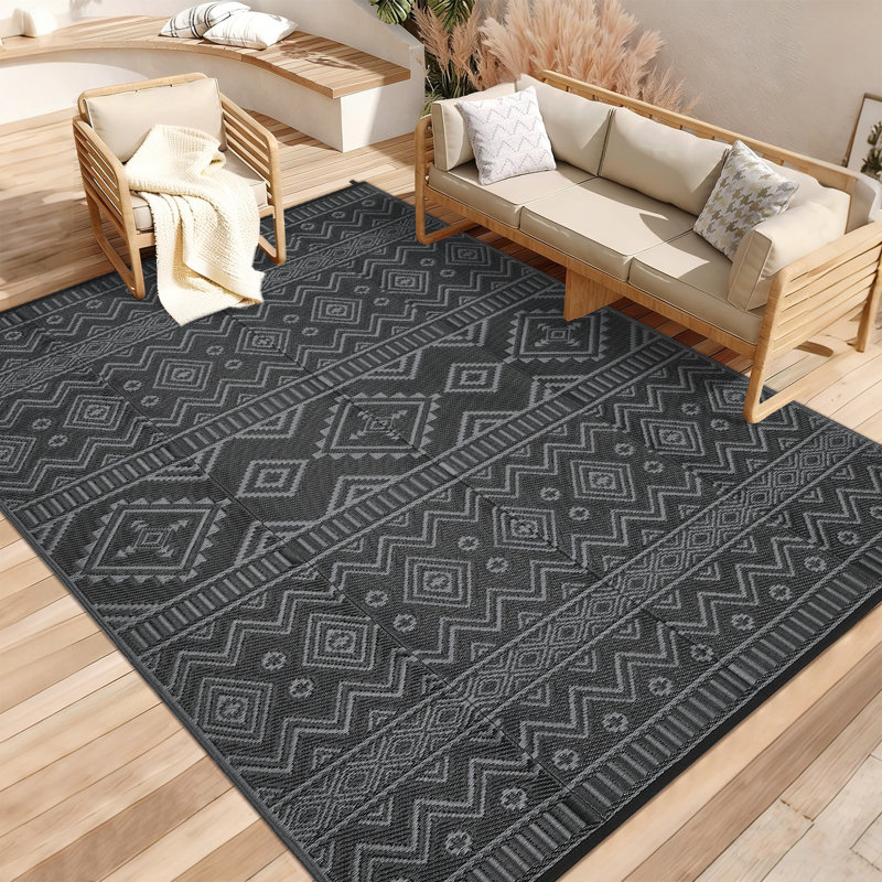 Waterproof Outdoor Area Rug - Geometric Patio Carpet, UV Resistant, Easy Clean, Lightweight & Durable Garden Deck Mat, Gray