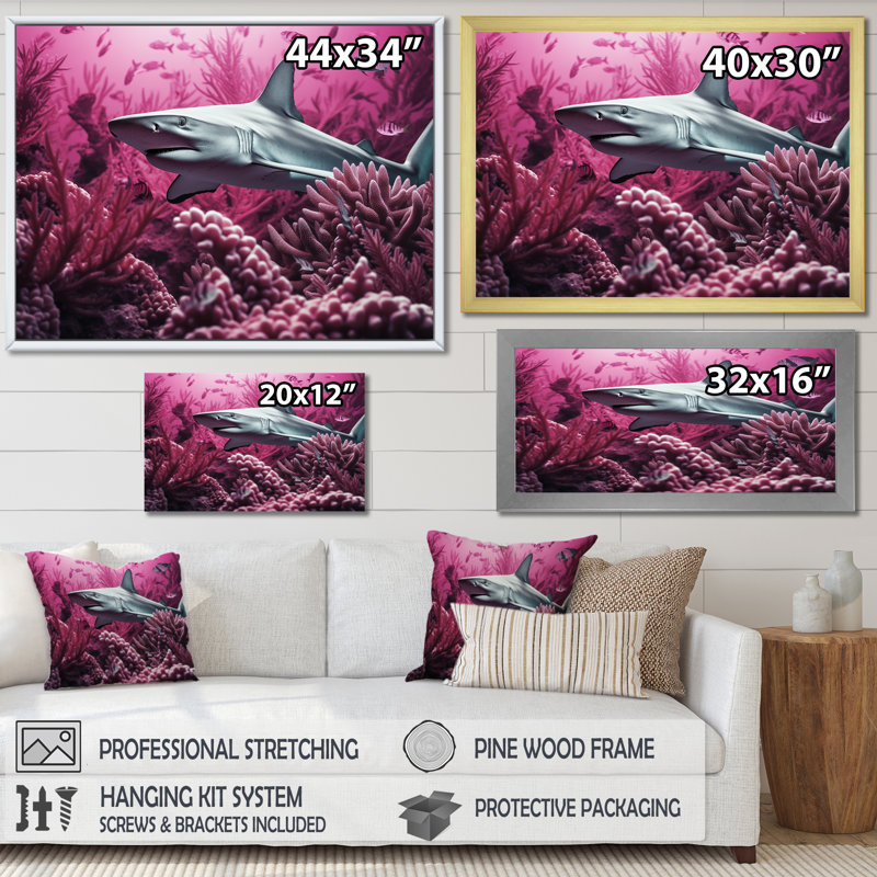 " Hammerhead Purple Sharks ", 24" H x 32" W x 1" D, Black Single Picture Framed