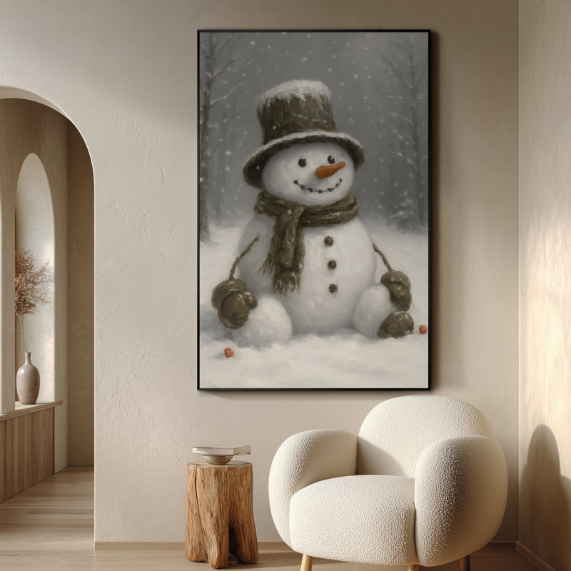 Très grand, reproduction d'art sur tissu - bonhomme de neige gris hivernal fantaisiste, décoration de chambre d'enfants - "Assemblage requis du cadre (cadre non fini)"