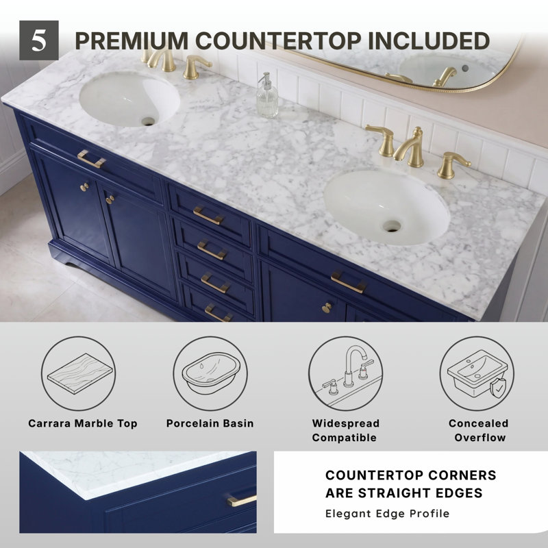 Ensemble de meuble-lavabo double 72 po Hermes, Blanc de Carrare / gris, Bleu très foncé