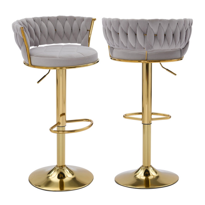 Ensemble de 2 tabourets de bar George avec dossier rembourré en velours tissé, tabourets de comptoir réglables en hauteur, tabourets de cuisine pivotants pour îlot de cuisine, bar, gris