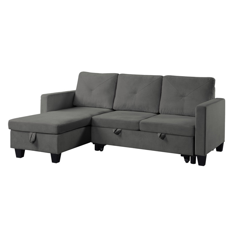 82.5"W Dark Gray Velvet Reversible Sleeper Sectional Sofa With Storage Chaise, Dark Gray Velvet