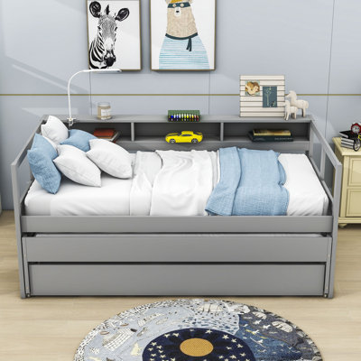 Ajara Twin XL Wooden Daybed with Two Twin Size Trundles and Three Shelves