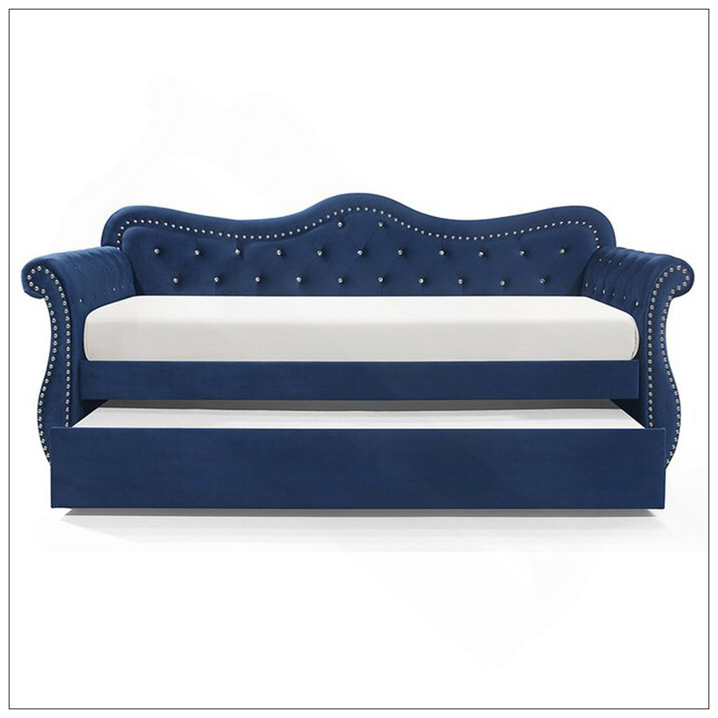 Lit de jour rembourré en velours luxueux avec couchette, structure en bois durable et capitonnage en cristal élégant pour une élégance moderne.