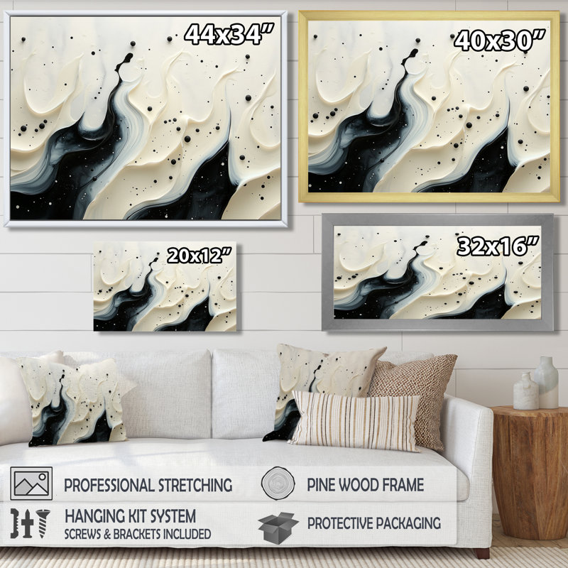 Crowborough noir blanc vague rythmique rivière I - goutte peinture d'art mural, H 28 po x l 60 po, Brun