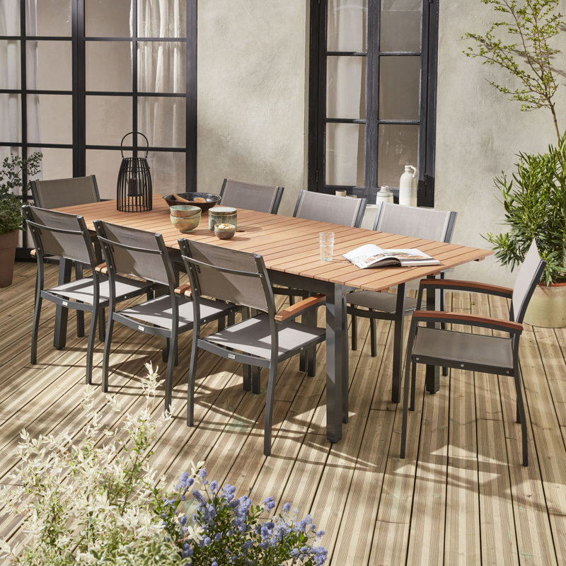 Iqrame 8 - Person Patio Dining Set with Extendable Rectangular Table, Black, White