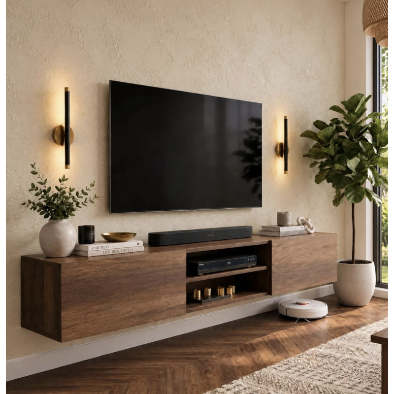 Meuble télé suspendu moderne Desmone 71 po pour téléviseurs jusqu'à 80 po, Brun baroque, H 11,8 po x l 70,8 po x P 11,8 po