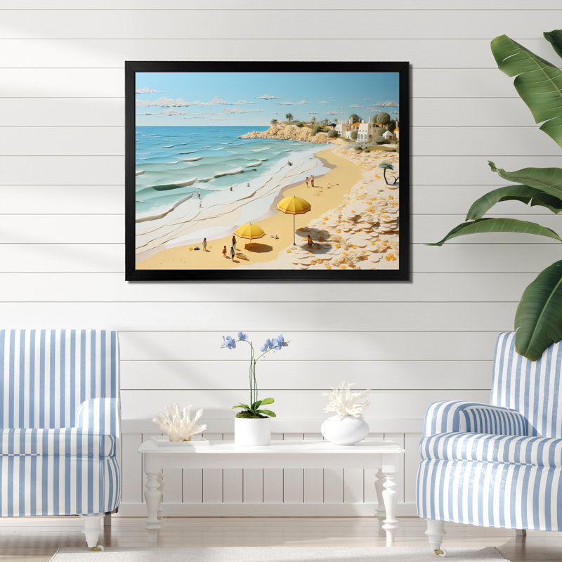 Ambre Coastal Beachside Wanderer Papercut sur toile, H 16 po x l 32 po x P 1 po, Cadre simple noir