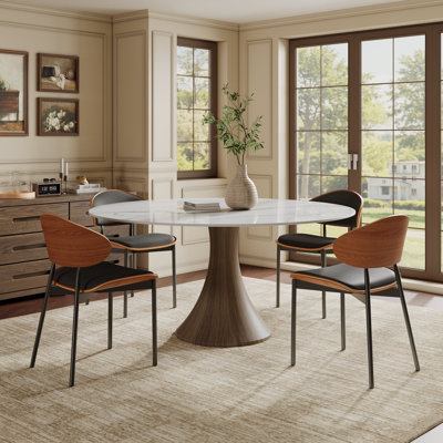 Ensemble de table de salle à manger 4 personnes avec table ronde de 43 po / 47 po / 53 po et 4 chaises de salle à manger rembourrées en cuir